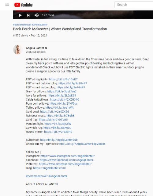 screenshot of affiliate links in YouTube Description box for Feit Electric x Angela Lanter collab