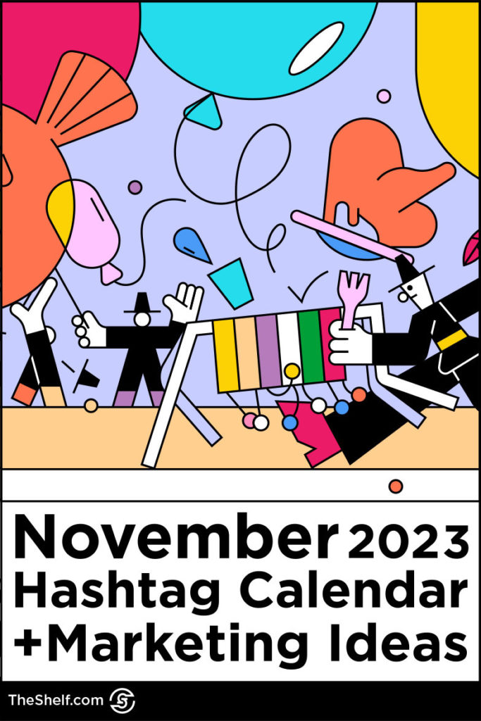 November Social Media Calendar title with image of pilgrims celebrating with baloons