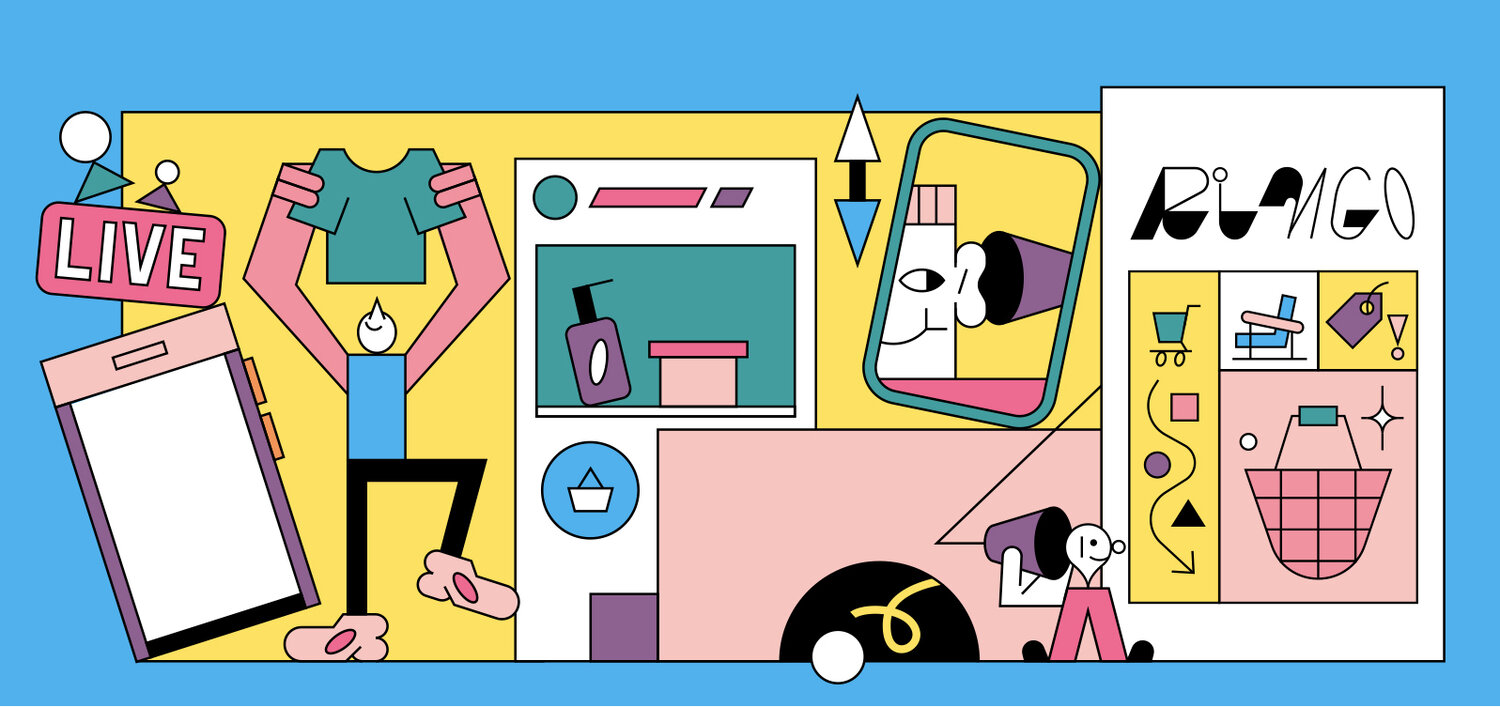 colorful line illustration of ecommerce-themed scene