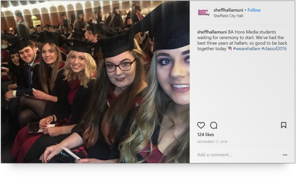 Screenshot of post from Sheffield Hallam University's Instagram Handle for an Instagram takeover campaign.