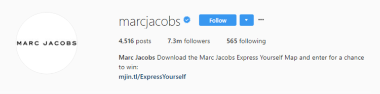 screenshot of Instagram profile header for Marc Jacobs