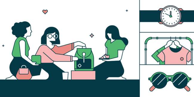 Colourful line illustration of silhoutte of women shopping