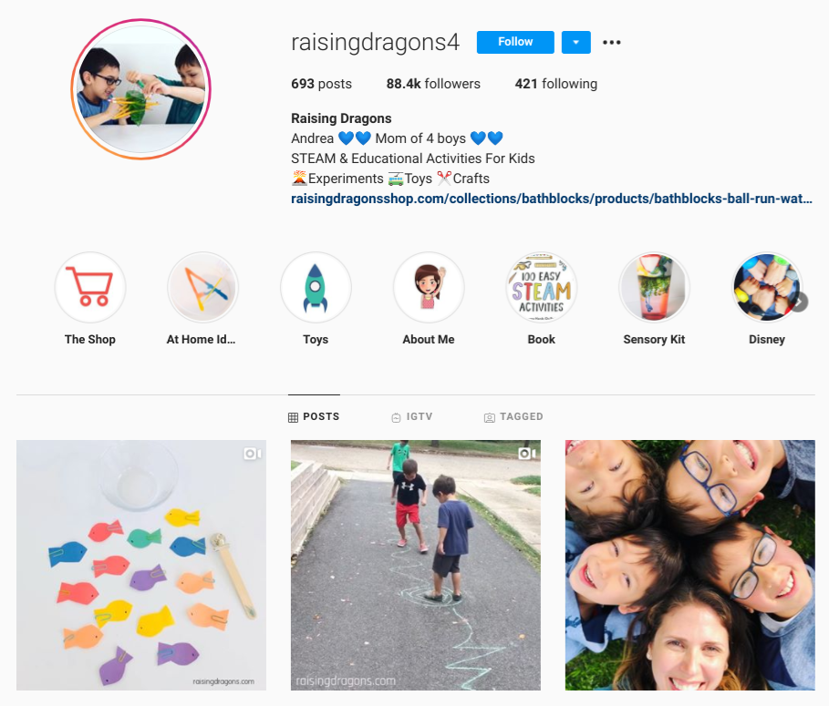 screenshot of Instagram profile for @raisingdragons4