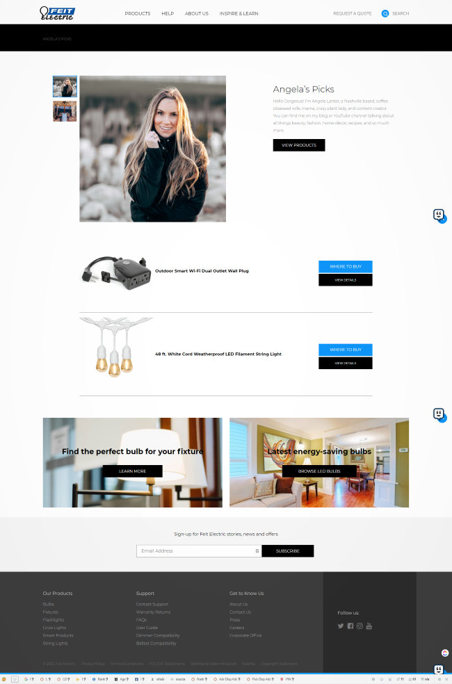screenshot of landing page on Feit Electric's website with recommendations from influencer  Angela Lanter