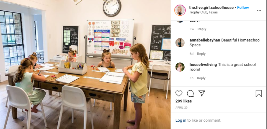 screenshot of Instagram post of homeschool room from @the.five.girl.schoolhouse