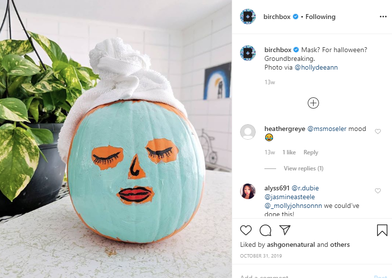Screenshot of post on Instagram by 'birchbox' representing a Face Mask for Halloween.