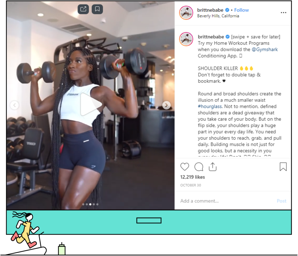 A screenshot of a post by 'brittnebabe' working out on instagram.
