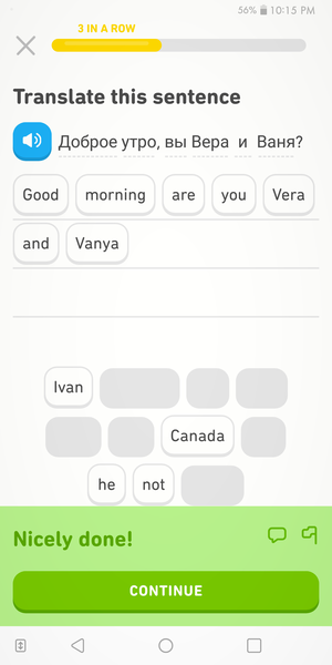 screenshot of Duolingo lesson after the add is over