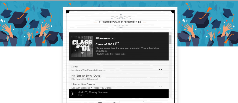 Screenshot displaying a feature called Graduation Playlist on iHeartRadio.