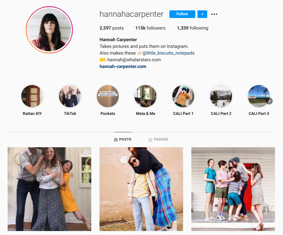 screenshot of Instagram profile for @Hannahacarpenter 
