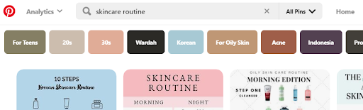 screenshot of categories related to skincare routine on Pinterest