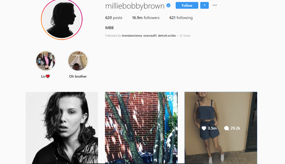 screenshot of INstagram profile of Millie Bobby Brown