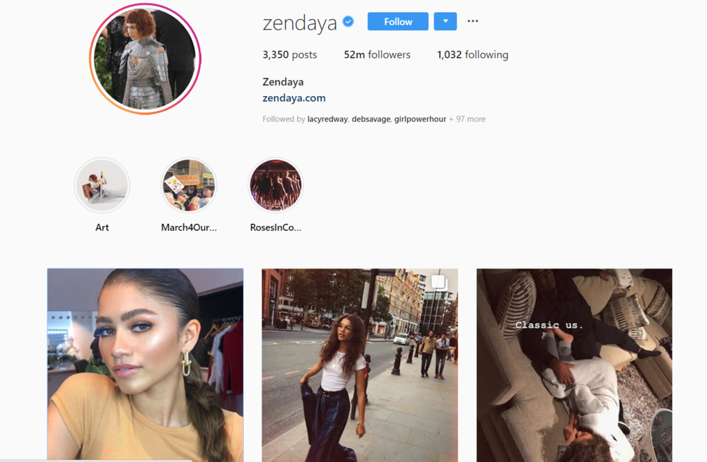 screenshot of INstagram profile of Zendaya