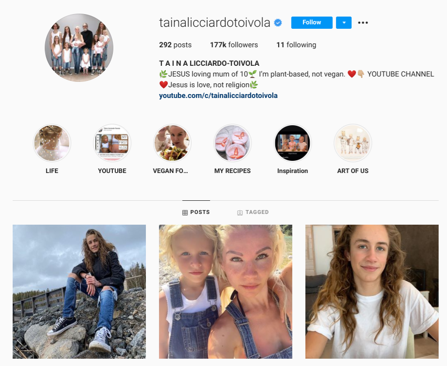 screenshot of Instagram profile for @tainalicciardotoivola
