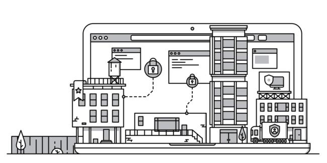 black and white line drawing of factory on a laptop screen