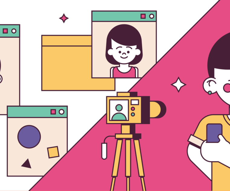 Colourful line illustration of children with a video cam which reads 9 MAGNETIC KID INFLUENCERS WE CAN'T GET ENOUGH OF