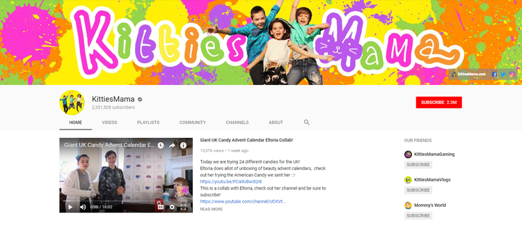 Screenshot of KittiesMama channel on YouTube.