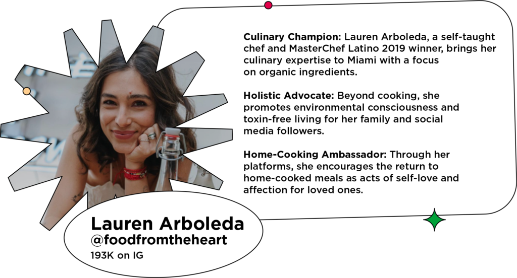 Latin influencer smiling into camera next to text: Culinary Champion: Lauren Arboleda, a self-taught chef and MasterChef Latino 2019 winner, brings her culinary expertise to Miami with a focus on organic ingredients.
Holistic Advocate: Beyond cooking, she promotes environmental consciousness and toxin-free living for her family and social media followers.
Home-Cooking Ambassador: Through her platforms, she encourages the return to home-cooked meals as acts of self-love and affection for loved ones.