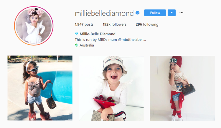 Screenshot of Millie Belle Diamond's handle on Instagram.