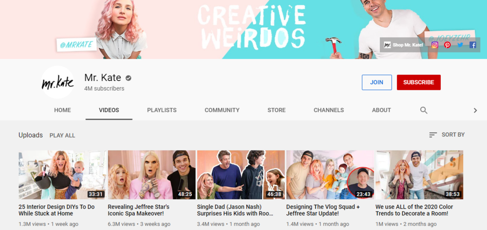 screenshot of the channel page for MR. KATE