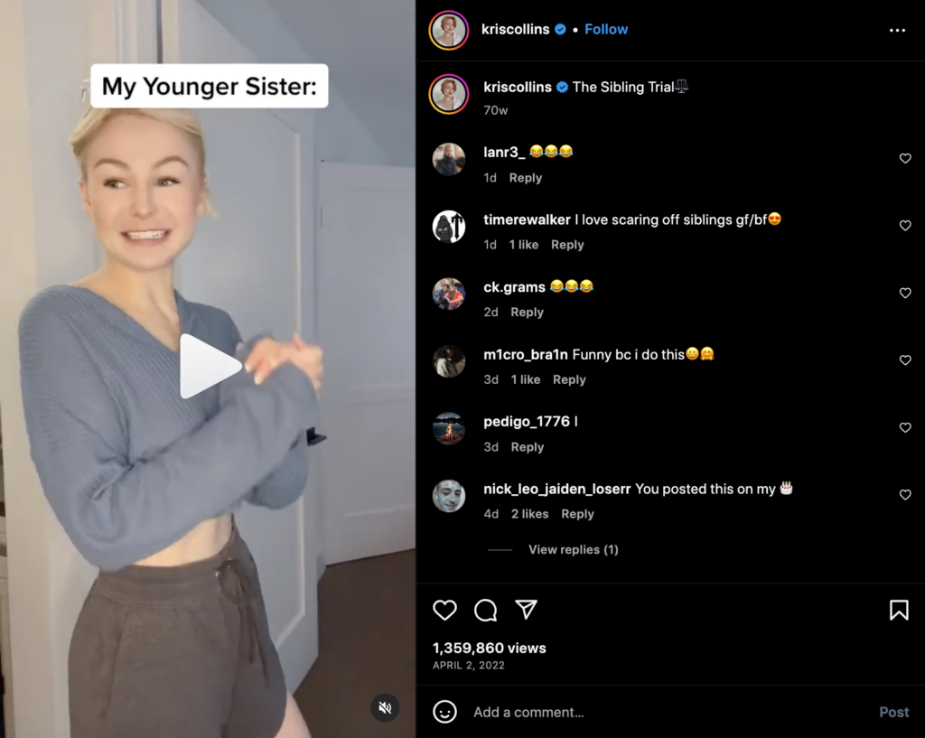 Instagram screenshot of content creator Kris Collins performing a sketch titled The Sibling Trial.