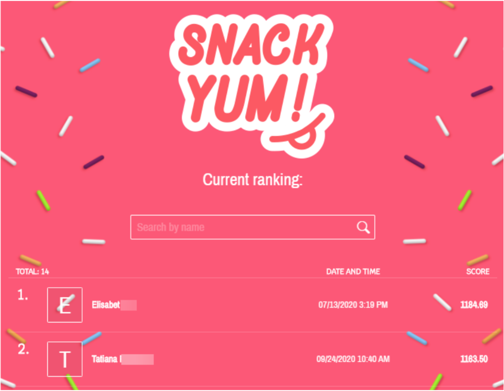 Screenshot of Snack Yum! ongoing leaderboard game