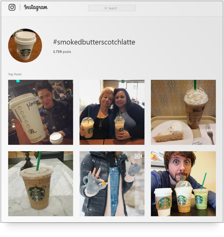 screenshot of Starbucks #smokedbutterscotchlatte hashtag archive page on Instagram