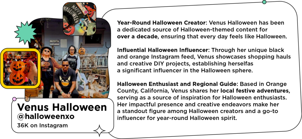 Three halloween influencers on a decorated porch next to text: Year-Round Halloween Creator: Venus Halloween has been a dedicated source of Halloween-themed content for over a decade, ensuring that every day feels like Halloween.
Influential Halloween Influencer: Through her unique black and orange Instagram feed, Venus showcases shopping hauls and creative DIY projects, establishing herself as a significant influencer in the Halloween sphere.
Halloween Enthusiast and Regional Guide: Based in Orange County, California, Venus shares her local festive adventures, serving as a source of inspiration for Halloween enthusiasts. Her impactful presence and creative endeavors make her a standout figure among Halloween creators and a go-to influencer for year-round Halloween spirit.