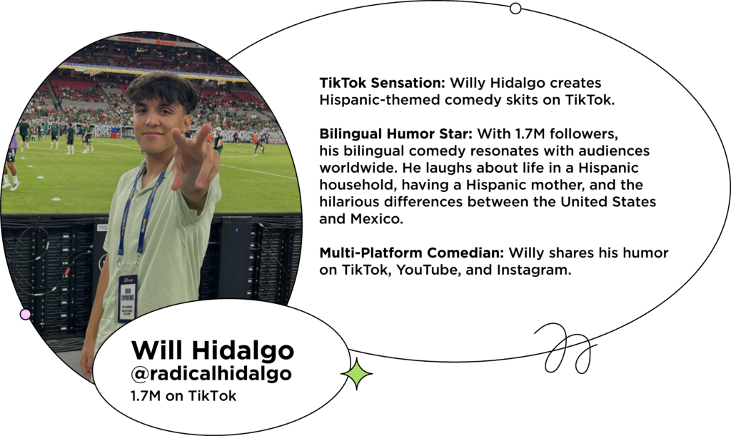 Latin influencer standing in front of futbol field next to text: TikTok Sensation: Willy Hidalgo creates Hispanic-themed comedy skits on TikTok.
Bilingual Humor Star: With 1.7M followers, his bilingual comedy resonates with audiences worldwide. He laughs about life in a Hispanic household, having a Hispanic mother, and the hilarious differences between the United States and Mexico.
Multi-Platform Comedian: Willy shares his humor on TikTok, YouTube, and Instagram.