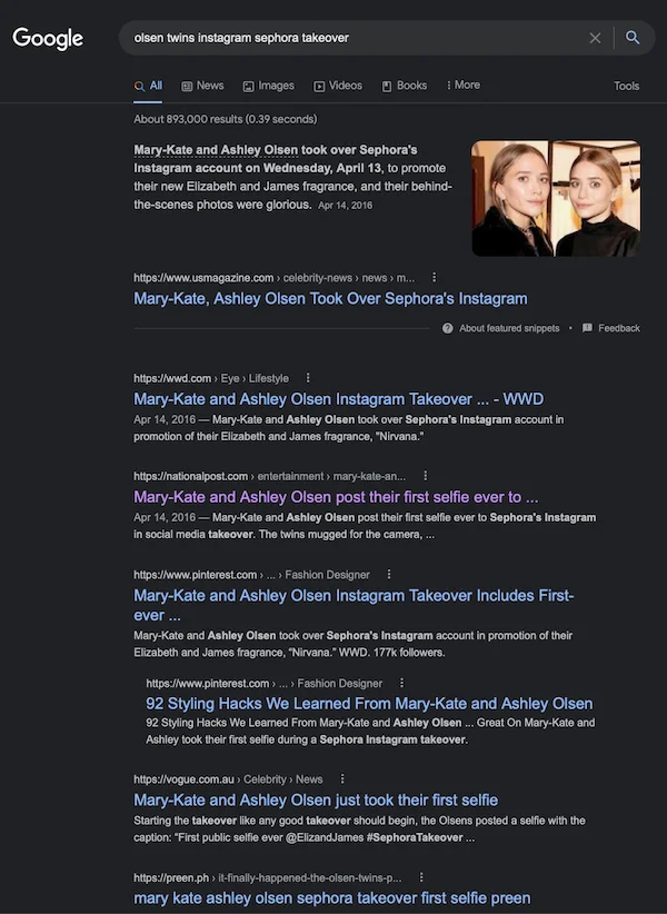 screenshot of Olsen Twins Sephora Takeover media chatter