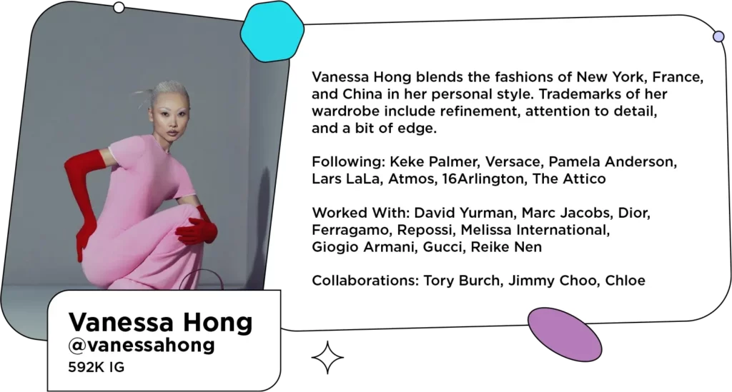 Image of platinum blonde fashion influencer kneeling in pink dress with red gloves next to text: Persona: One of fashion’s fiercest influencers, Vanessa Hong blends the fashions of New York, France, and China in her personal style. Trademarks of her wardrobe include refinement, attention to detail, and a bit of edge. 
Following: Keke Palmer, Versace, Pamela Anderson, Lars LaLa, Atmos, 16Arlington, The Attico
Worked With: David Yurman, Marc Jacobs, Dior, Ferragamo, Repossi, Melissa International, Giorgio Armani, Gucci, Reike Nen
Collaborations: Tory Burch, Jimmy Choo, Chloe
